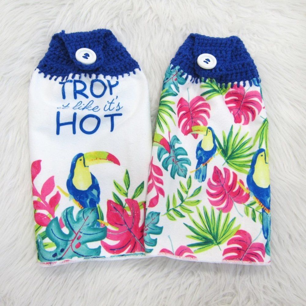 Crocheted Top Hanging "Trop it like it's Hot" tropical kitchen towels